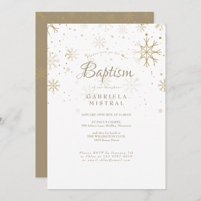Convite Dourado Snowflakes Baptism Christening (Frente/Verso)