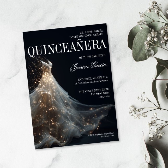 Convite Dourado Sparkle Doce 16 Vestido Quinceanera (elegant white 16th birthday dress with gold sparkles)