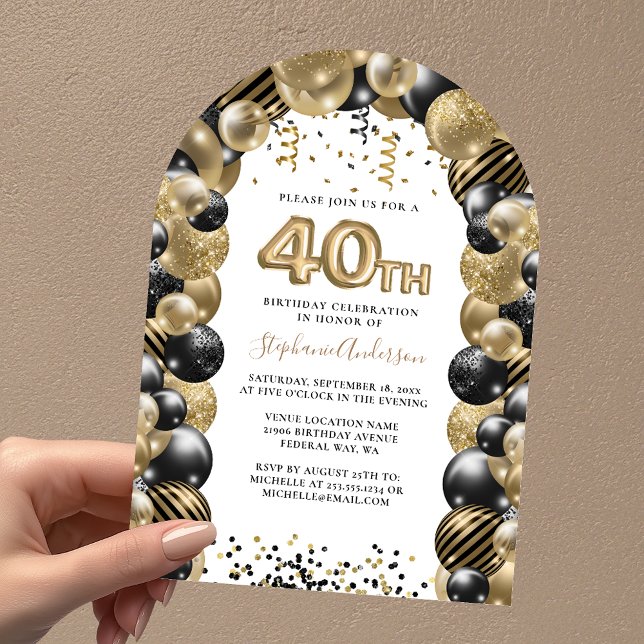 Convite Dourado Sparkle para Balões de aniversário (40th Birthday Balloon Gold Black Sparkle Invitatio Invitation)