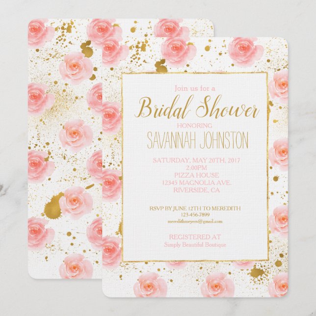 Convite Dourado Splatters Rosas Rosa Chá de panela de Aqua (Frente/Verso)