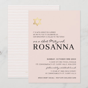 Convite DOURADO STAR moderno Bat Mitzvah cor-de-rosa pálid