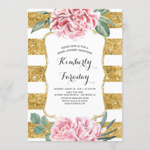 Convite Dourado Stripes Floral Vintage Chá de panela Branc