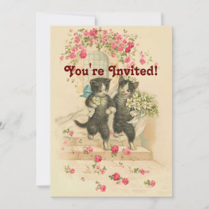Convite Dourado Suave De Casamento De Gatos Vintag