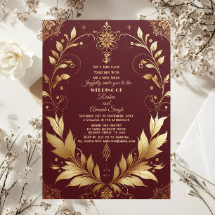 Convite Dourado Suntuoso Folhas Marrom Vermelho Espirais Í