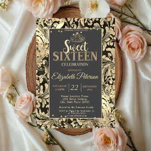 Convite Dourado Swirls Tiara Sweet Diamantes 16