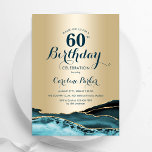 Convite Dourado Teal Agate 60º aniversário<br><div class="desc">Teal e ouro agata 60º convite de aniversário. Elegante design moderno com aquarela agate marble geode background,  faux glitter gold e typografia script font. Trendy convida o cartão perfeito para uma comemoração de dia das mulheres na moda. Impressos convites Zazzle ou modelo de impressão digital instantânea para download.</div>