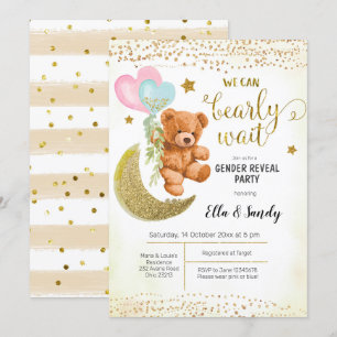 Convite Dourado Teddy Bear Balão de Gênero Partido Revel