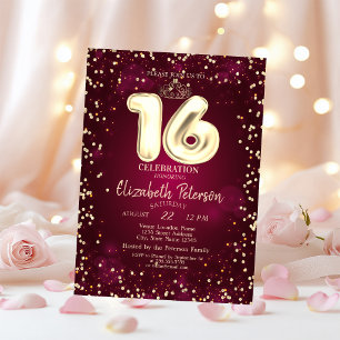 Convite Dourado Tiara, Diamantes Burgundy Festa 16 Doce