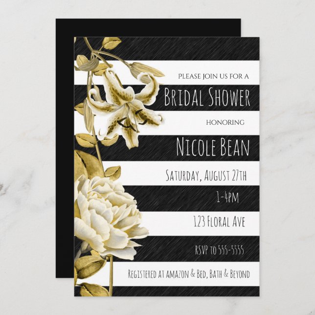 Convite Dourado Tone Floral Black & White Strike Invitatio (Frente/Verso)