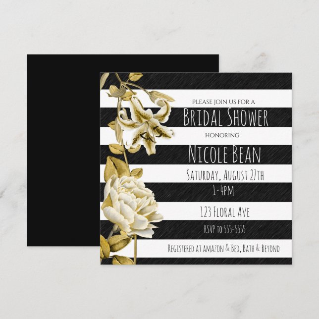 Convite Dourado Tone Floral Black & White Strike Invitatio (Frente/Verso)