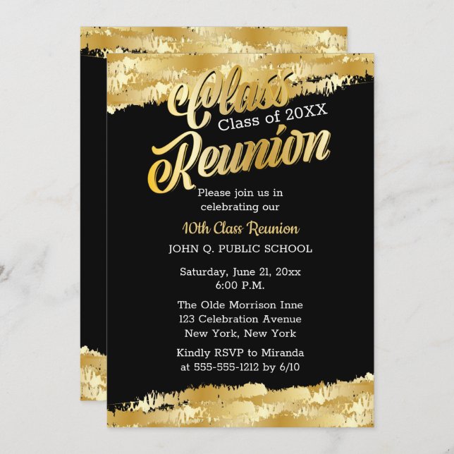Convite Dourado Tone Modern Class Reunion Party (Frente/Verso)
