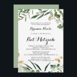 Convite Dourado Tropical Foliage Bat Mitzvah<br><div class="desc">Este convite para morcegos de folhagem verde de ouro tropical é perfeito para um morcego mitzvah rústico. A design apresenta belamente o ouro tropical de verão ilustrado e pintado à mão e a folhagem verde.</div>