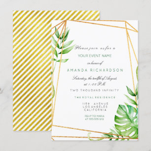 Convite Dourado Tropical Moldura Poligonal Listras Linhas 