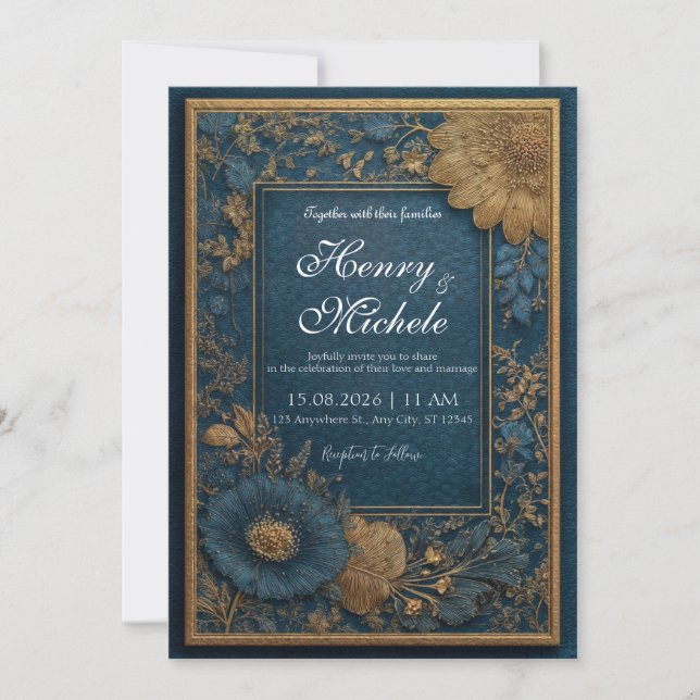 Convite Dourado Turquesa Azul Marinho Botânico Casamento T (Frente)