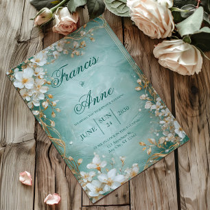 Convite Dourado Turquesa Branco Floral Mármore Casamento d