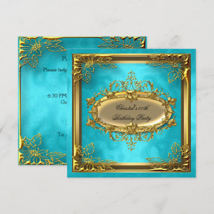 Convite Dourado Turquesa Festa de Aniversário Elite Elegan