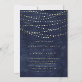 Convite Dourado Twinkle String Luzes Watercolor Blue Casam