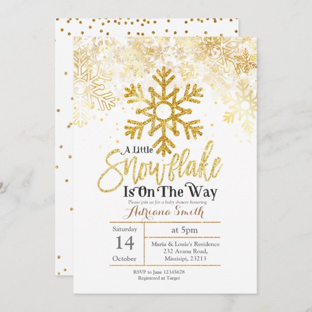 Convite Dourado Um pequeno floco de neve está no caminho c (Frente/Verso)
