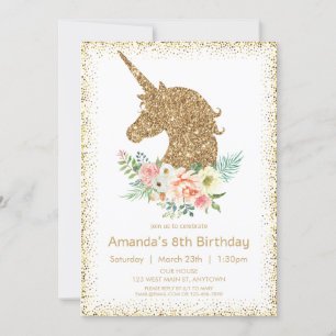 Convite Dourado unicórnio Glitter com aniversário de flora