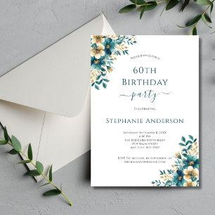 Convite Dourado Verde Água-marinha Floral Elegante Anivers