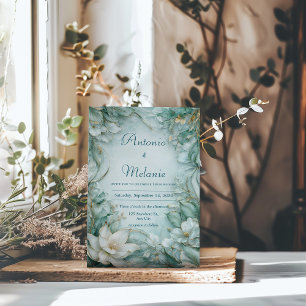 Convite Dourado Verde Espuma-do-Mar Branco Floral Casament