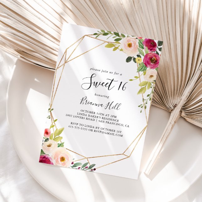 Convite Dourado Verde Geométrico Doce 16 Festa de aniversá (Criador carregado)