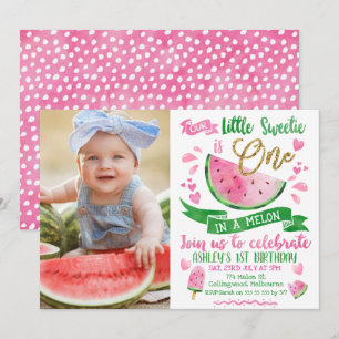 Convite Dourado Verde Rosa Em Um primeiro aniversario De F