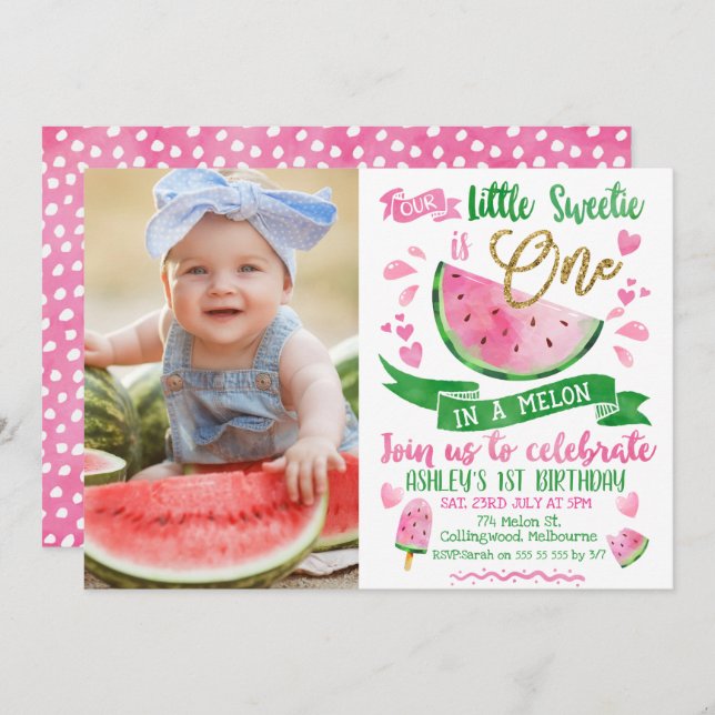 Convite Dourado Verde Rosa Em Um primeiro aniversario De F (Frente/Verso)