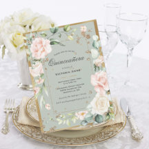 Dourado Verde Salvia Elegante Floral Quinceañera