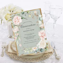 Convite Dourado Verde Salvia Elegante Floral Quinceañera