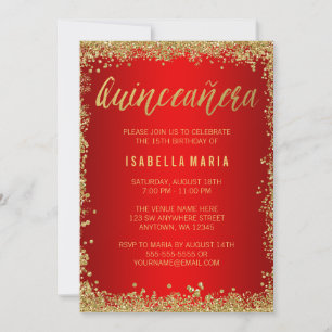 Convite Dourado Vermelho Brilho Falso Quinceanera 15º Aniv