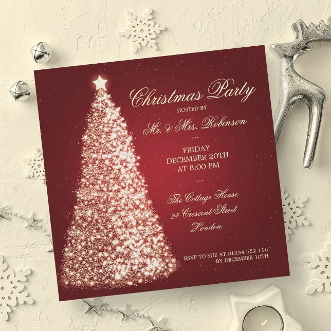 Convite Dourado Vermelho de Árvore da Festa de Natal Elega (Elegant Christmas Party Gold Tree Red Invitation)