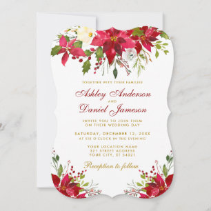 Convite Dourado Vermelho de Poinsettia Floral de Casamento