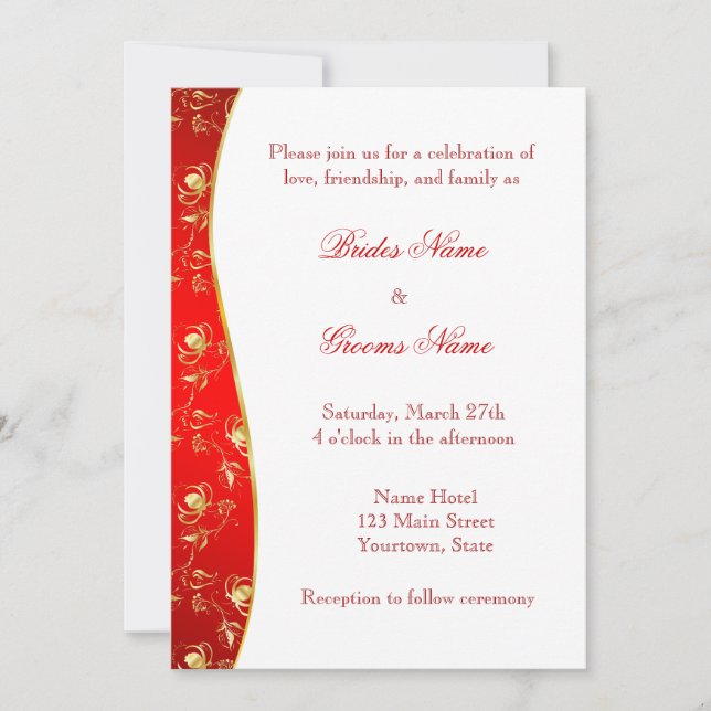 Convite Dourado vermelho e à moda do casamento do (Frente)