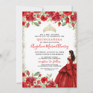 Convite Dourado Vermelho Floral Quinceanera