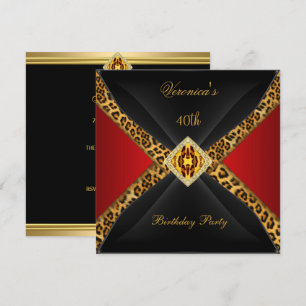 Convite Dourado Vermelho Leopardo Preto Jóia 40º Aniversár