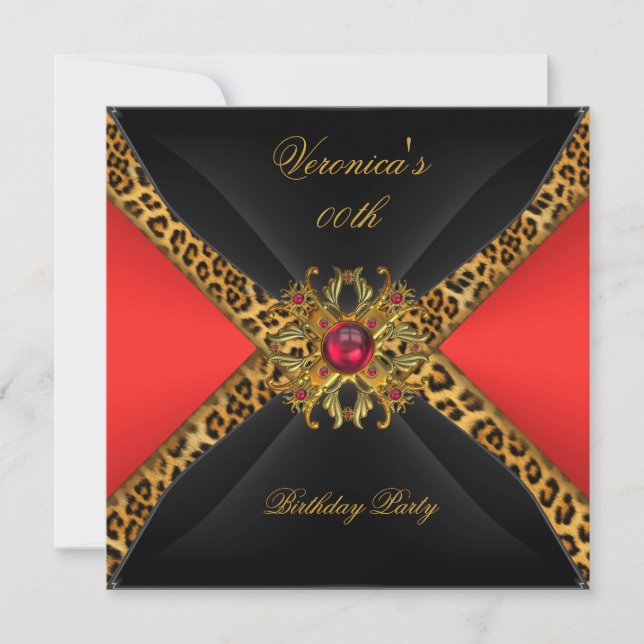 Convite Dourado Vermelho Leopardo Preto Jóia Festa de Aniv (Frente)