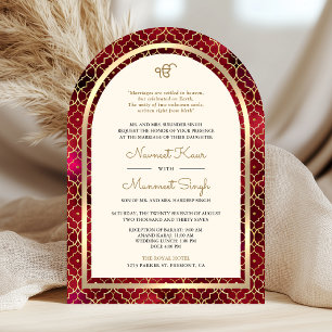 Convite Dourado Vermelho Marroquino Código QR Casamento Si