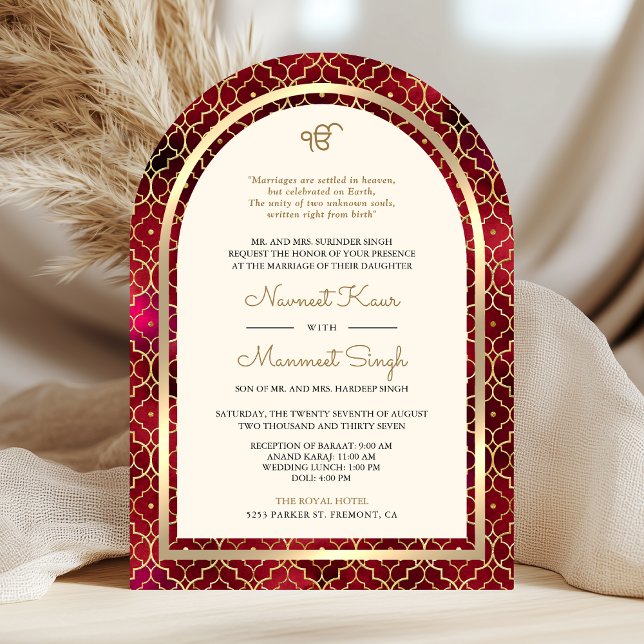 Convite Dourado Vermelho Marroquino Código QR Casamento Si (Front)