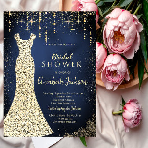 Convite Dourado vestido, Confetti Chá de panela Azul Escur