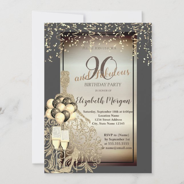 Convite Dourado Vestido De Leve, Balões, Festa de aniversá (Frente)