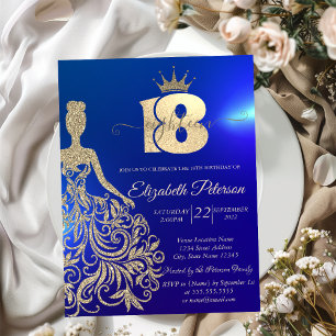 Convite Dourado Vestido de Leve, Tiara, Azul18º Aniversá