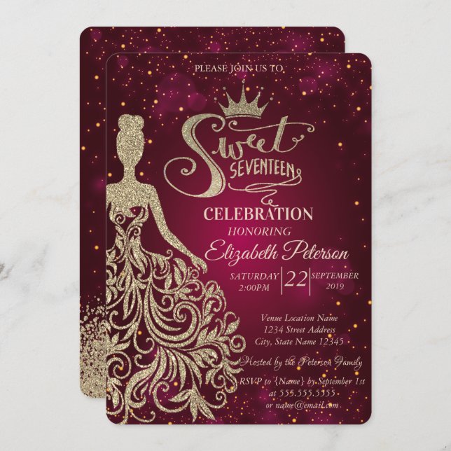 Convite Dourado Vestido De Leve, Tiara, Ouros Doce 17 (Frente/Verso)