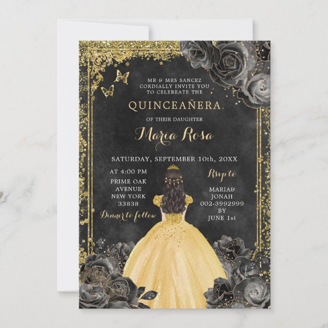 Convite Dourado vestido e Rosa negro Royale Quinceañera (Frente)