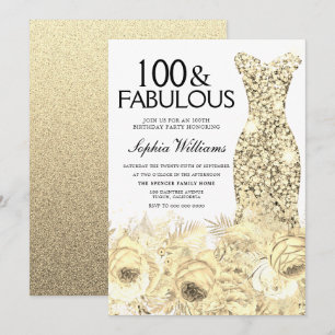 Convite Dourado Vestido Floral 100 e Fabuloso 100º Anivers