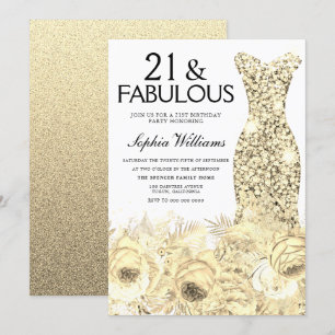 Convite Dourado Vestido Floral 21 e aniversário de 21 ano