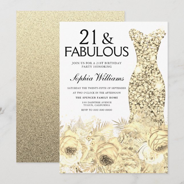 Convite Dourado Vestido Floral 21 e aniversário de 21 anos (Frente/Verso)