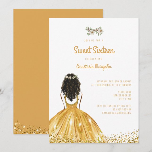 Convite Dourado Vestido Leve Floral Doce 16 16º Aniversári (Frente/Verso)