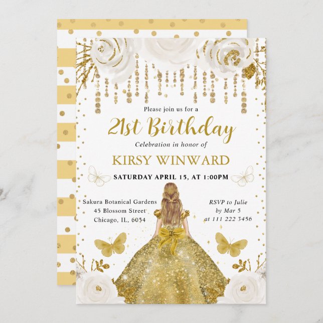 Convite Dourado Vestido Loura Camada Princesa Aniversário (Frente/Verso)