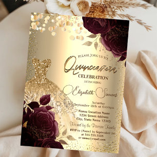 Convite Dourado vestido Rosas de Borgonha Quinceañera